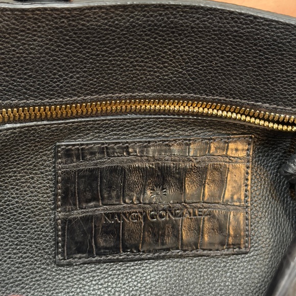 Nancy Gonzalez Black Pebbled Leather Tote Crocodile Trim Top Handle Bag - Picture 3 of 10